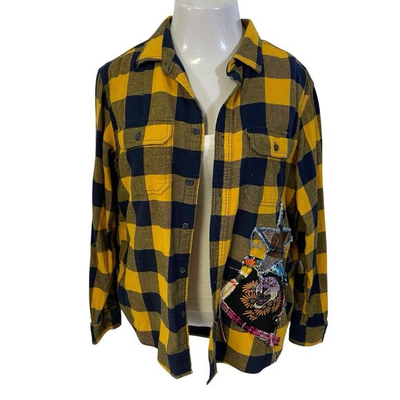 Flannel Shirt Women Large Yellow Tiger Grunge Camp Rock Country Upcycled Crochet - Picture 10 of 16